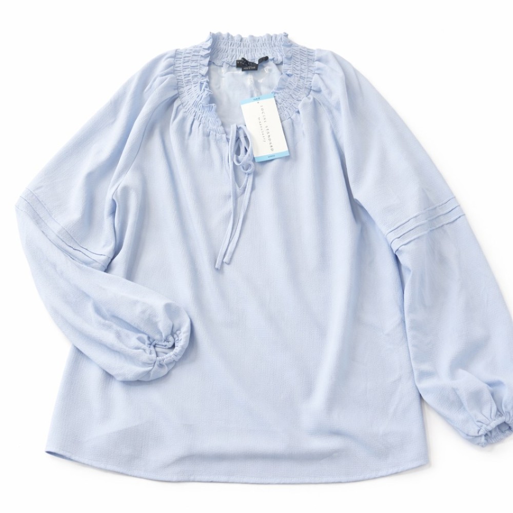 Social Standard Sanctuary Blouse Large Light Blue Smocked Neck Tie Front Long Sl