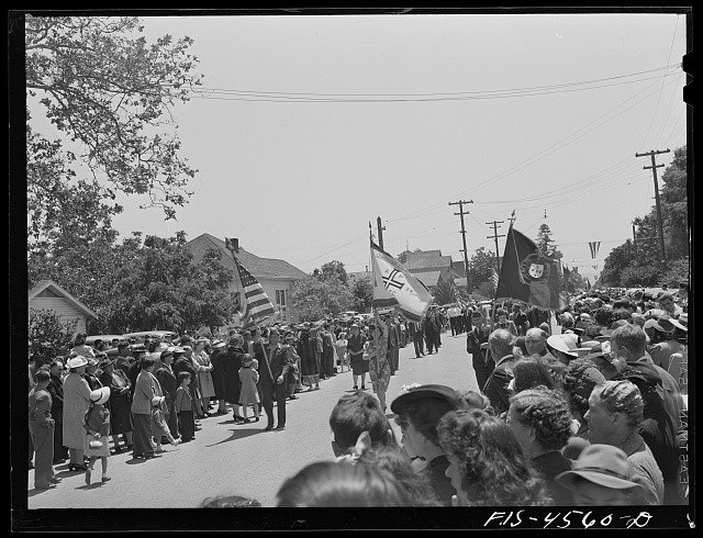 Photo:Procession Parade Crowd Flags 1930s-1940s Street Celebration