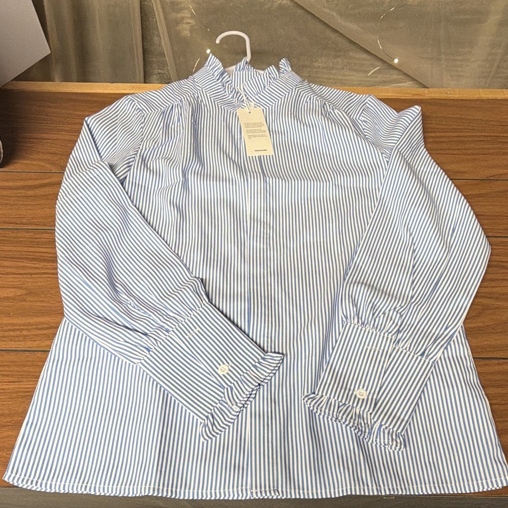 Women’s S Blue White Striped Mock Neck Long Sleeve Button Blouse Ruffle