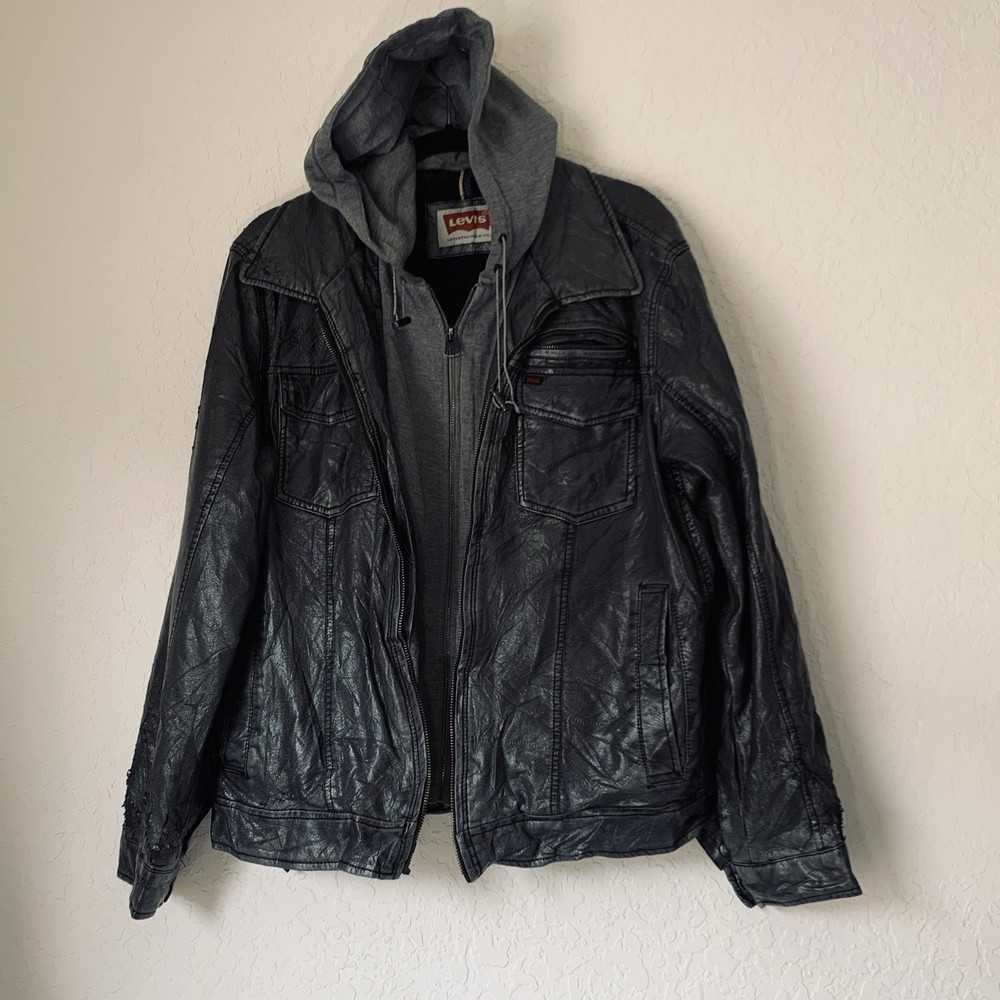 Levis Jacket Men M Faux Leather Black Sherpa Lined Hooded Trucker Grunge FLAWS