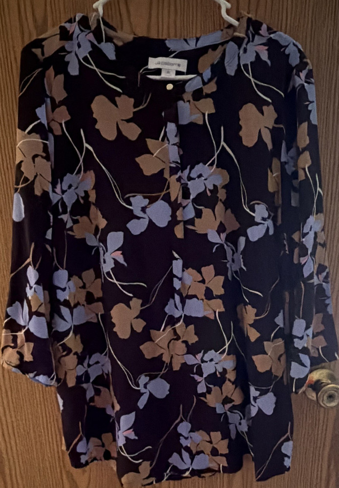 Liz Claiborne Women's XL Floral 3/4 Sleeve Blouse Black/Blue/Beige