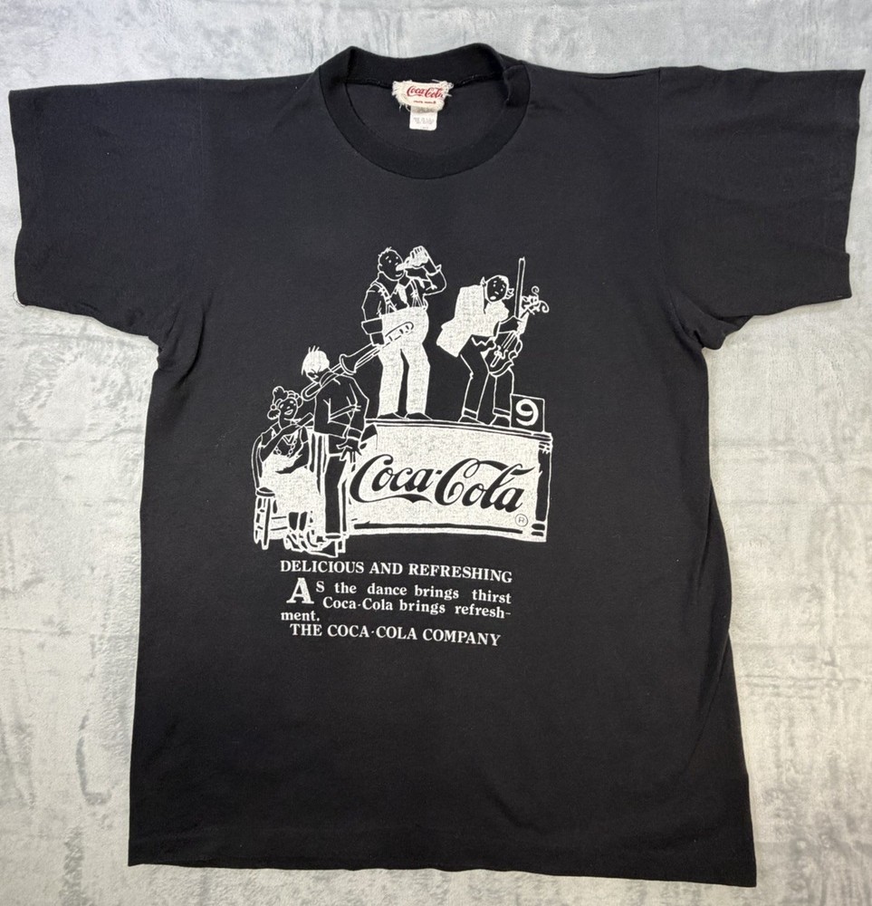 Vintage 70s Coca-Cola Black Single Stitch Graphic Shirt Large True VTG Fade Rare