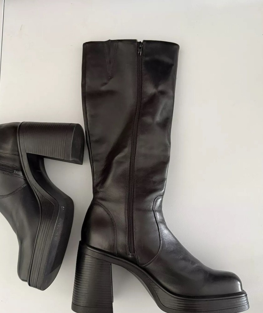 Steve Madden Y2K Chunky Boots 11M Black Womens Fanatik  Zipper Leather Knee-High