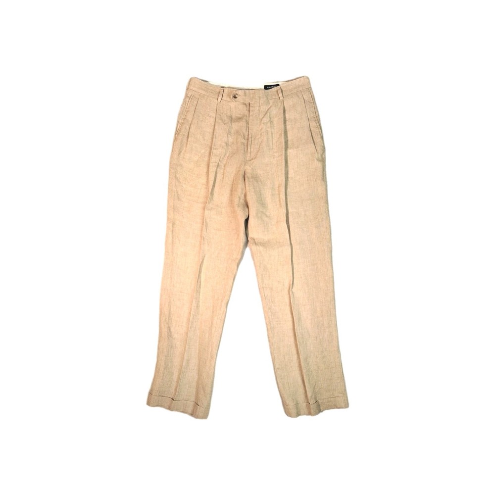 Nautica Men’s 100% Linen Pants Tan 34 x 32 Pleated with Cuffs Classic Fit