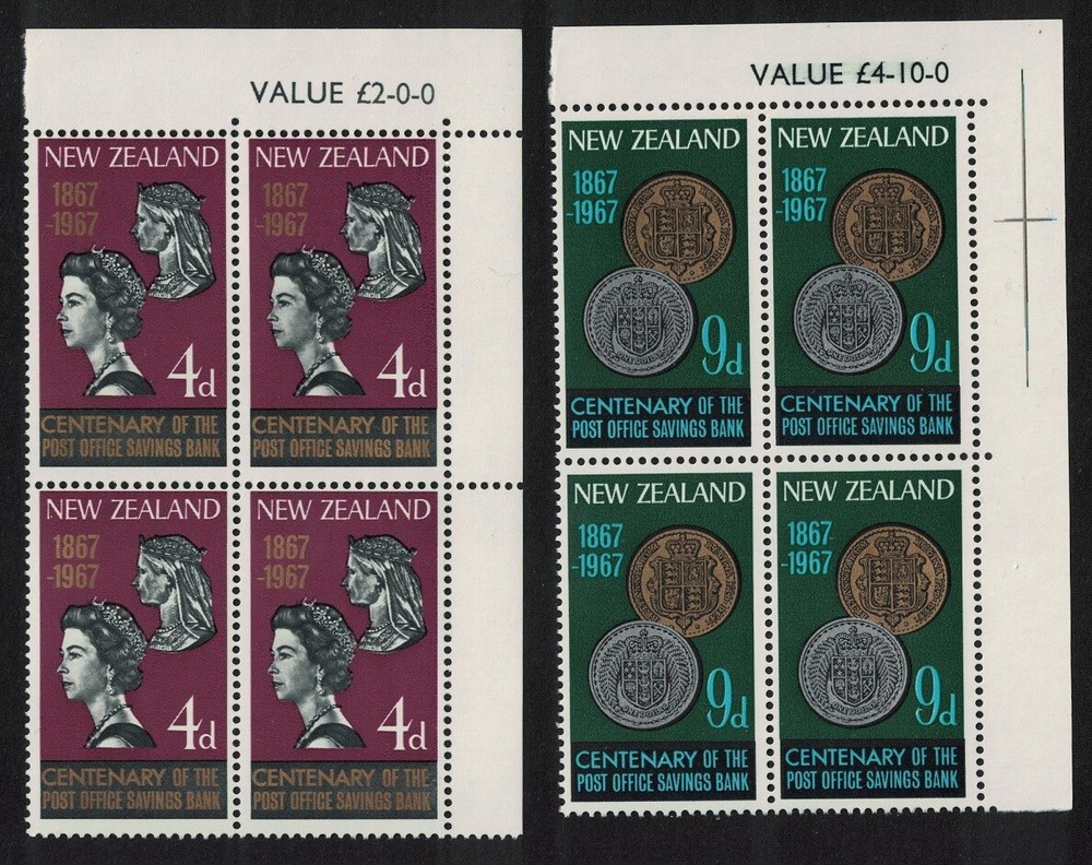 Monedas Oficina de Correos Caja de Ahorros 2v Esquina Bloques de 4 Nueva Zelanda 1967 MNH