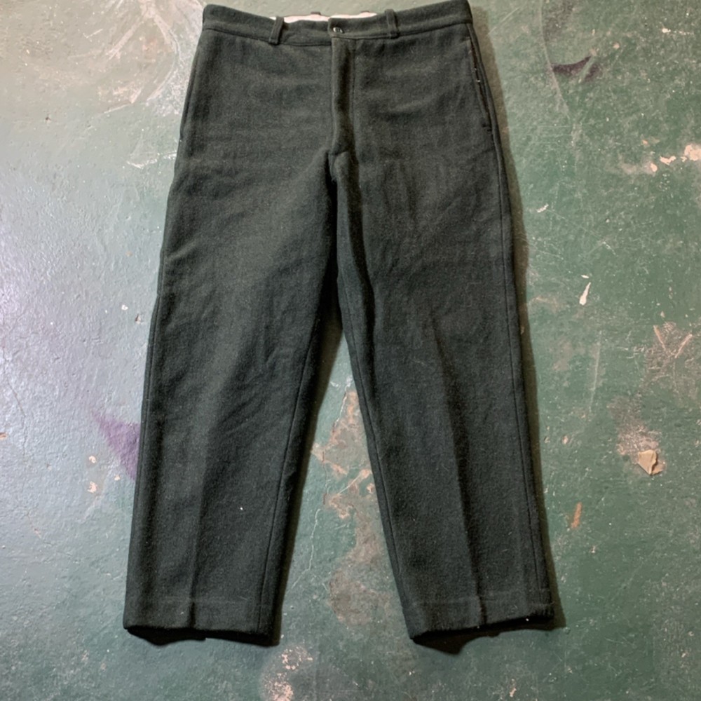 Vintage Men's Dark Green Flat Front Flannel Pants Straight Leg Casual Solid Wool