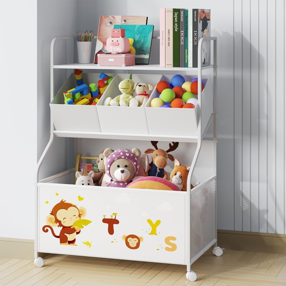 Toy Storage Organizer with Wheels - 3-Tier Kids Large Toy Box, Toy Chest Stor...
