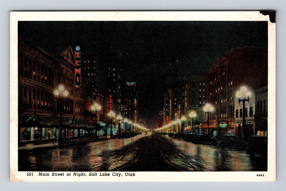 Salt Lake City UT-Utah, Main Street At Night, Antique, Vintage Souvenir Postcard
