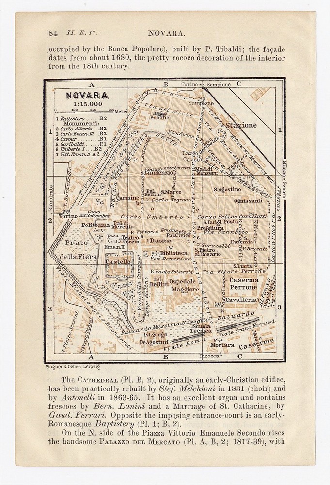 1913 Original Antique City Map Of Novara / Piedmont / Italy