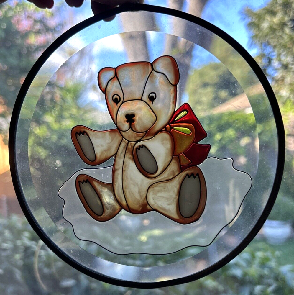 Vintage Stained Glass Painted Teddy Bear With Bow Suncatcher Leaded Glass