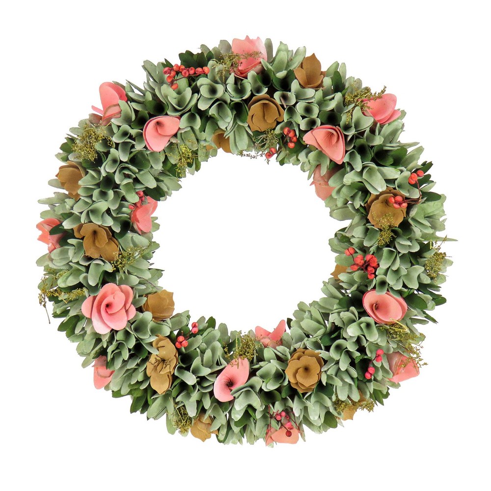 18 in. Spring Wreath with Pink and Brown Assorted Wood Cut Flowers, Flowing Gree