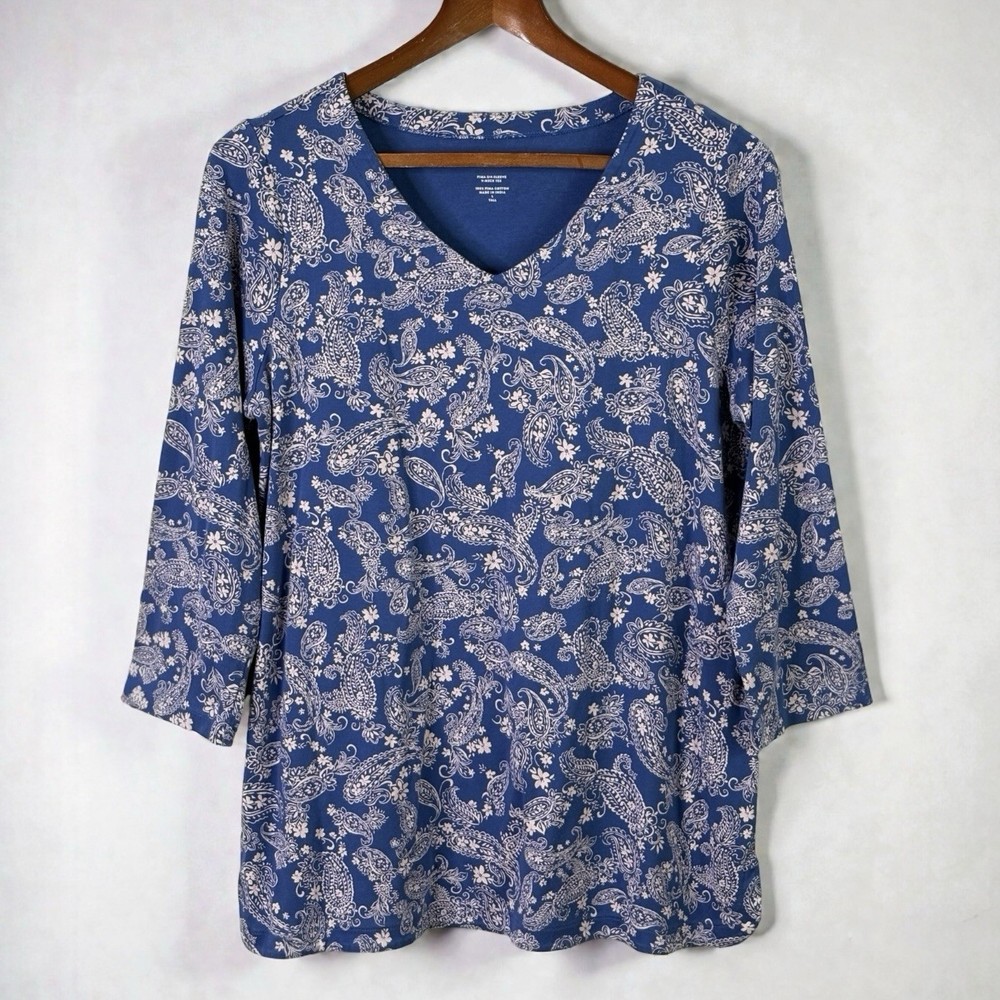 J Jill Blue Amalfi Paisley Pima Cotton V-Neck 3/4 Sleeve Top L Tall