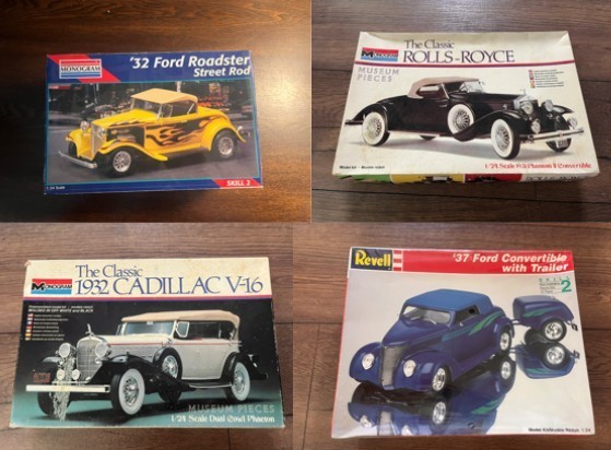 Vintage Model Kit Lot of 4 Monogram Revell 1:24 Ford Roadster Cadillac Rolls-Roy