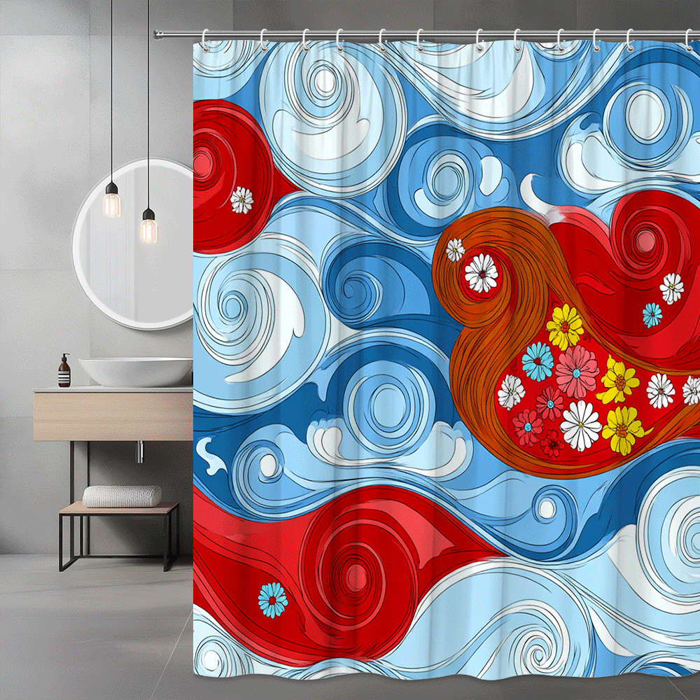 Abstract Floral Swirl Shower Curtain Blue Red White