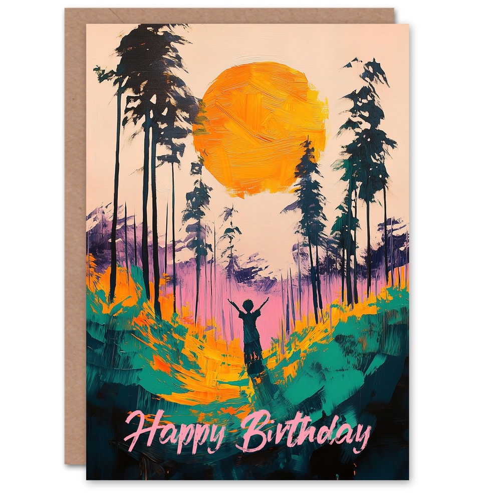 Birthday Greeting Card Forest Sunrise Joy Abstract Landscape Painting-image