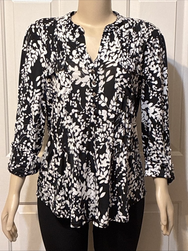 Cocomo Women 3/4 Sleeve Roll Tab Floral Blouse Top Black Stretchy Size Large (mc