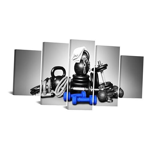 5-Panel Black & Blue Gym Wall Art - Fitness Equipment Canvas Prints