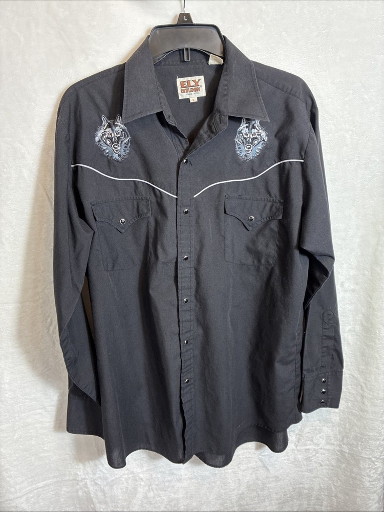 Vtg ELY CATTLEMAN Western Snap Shirt Embroidered Wolf  ROCKABILLY Men's L EUC *