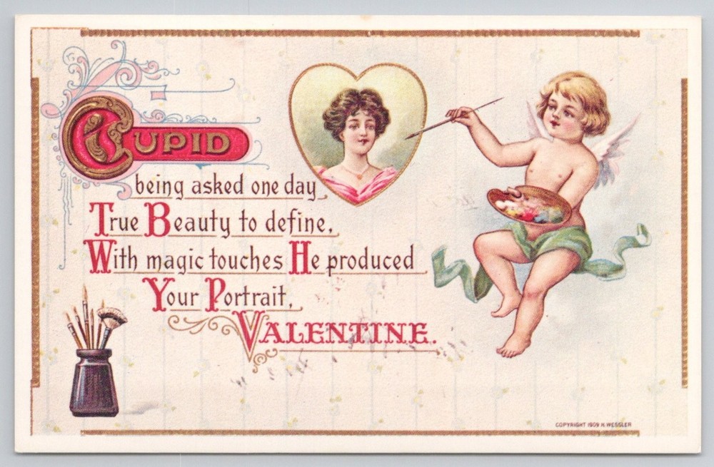 1909 H. Messler Valentine Postcard Cupid Painting Portrait Embossed Art