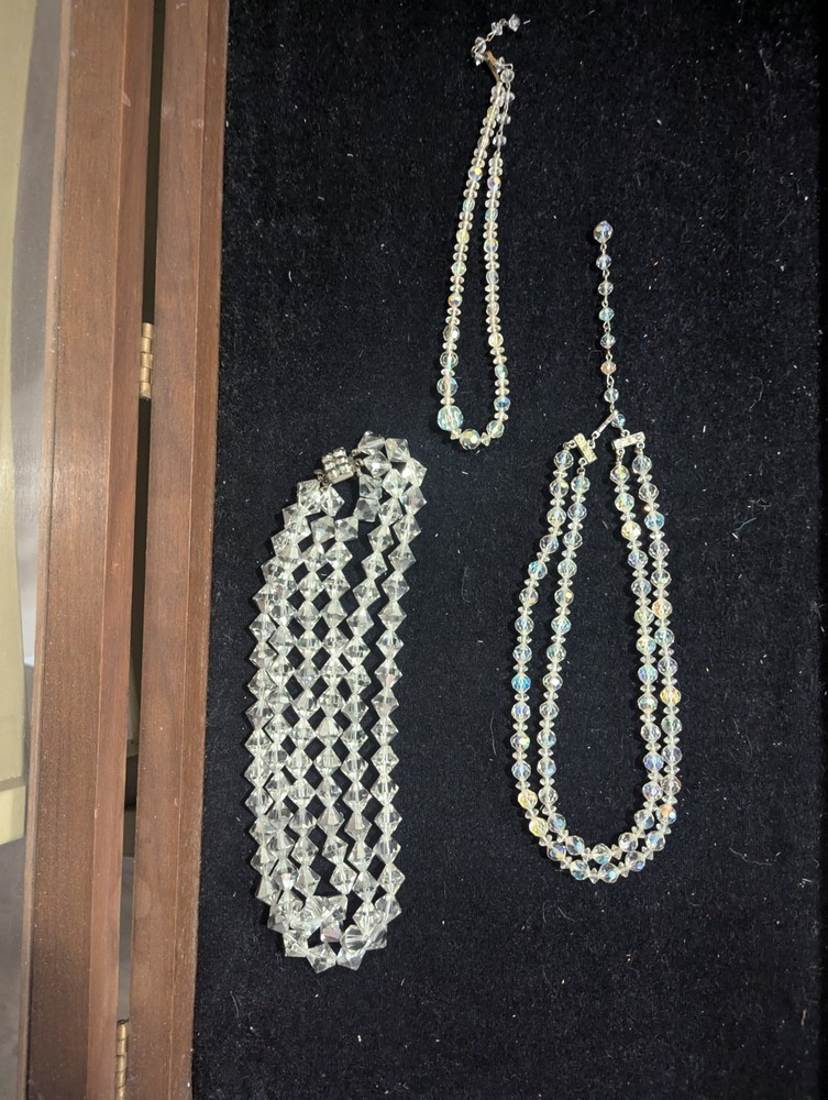 3 Vintage Lot  Crystal Beaded AB Faceted Single Double Triple Necklaces  LOOK
