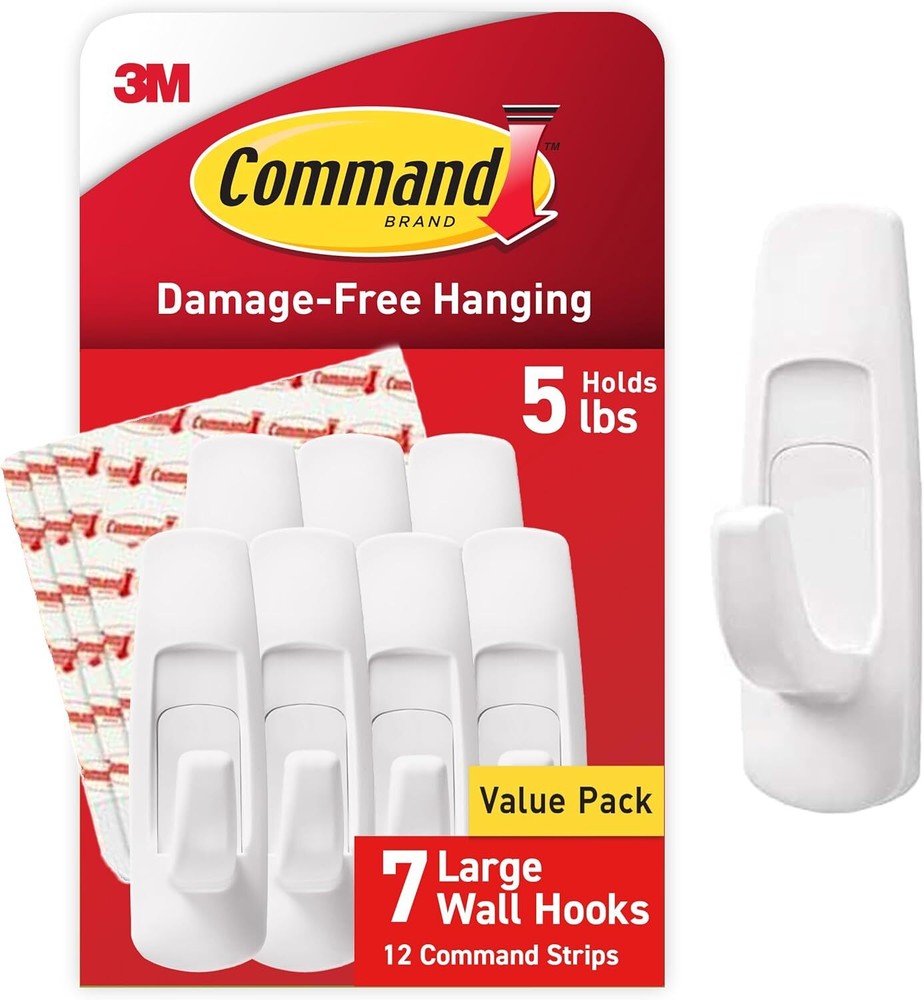 Command Large Utility Hooks, Holds up to 5 lb, 7 Hooks and 12 Large, White