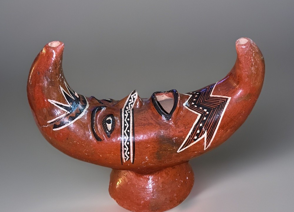 Vintage Terracotta Crescent Moon Face Tribal Inspired Folk Art Sculpture