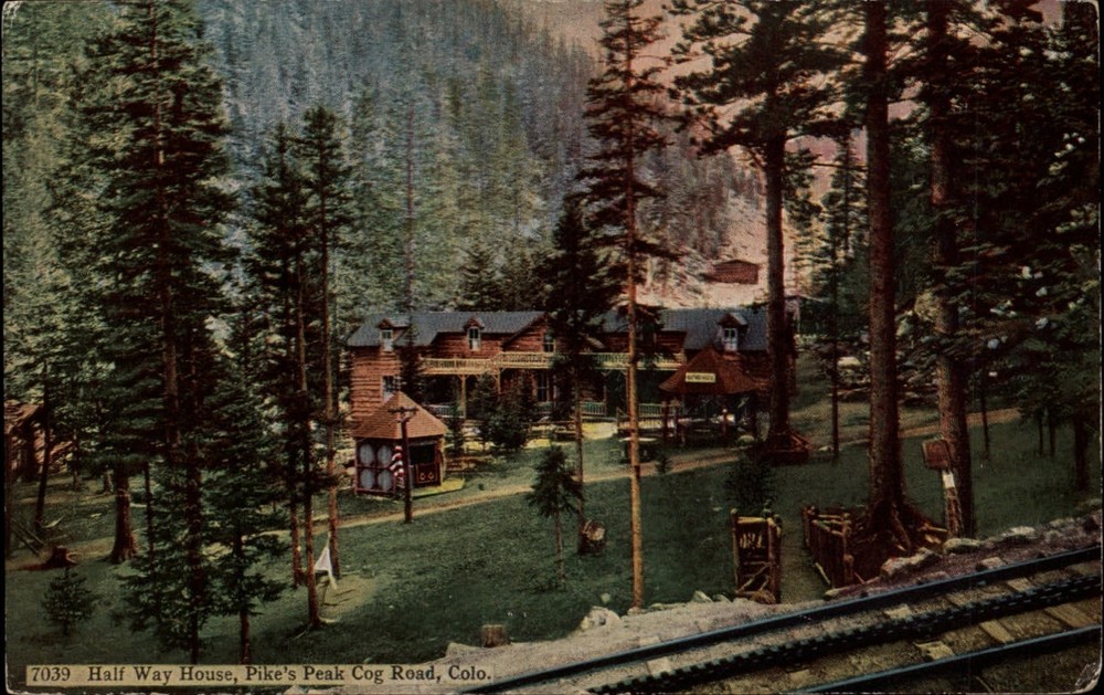 Pikes Peak Colorado Cog Road Half Way House view from railroad vtg postcard a207