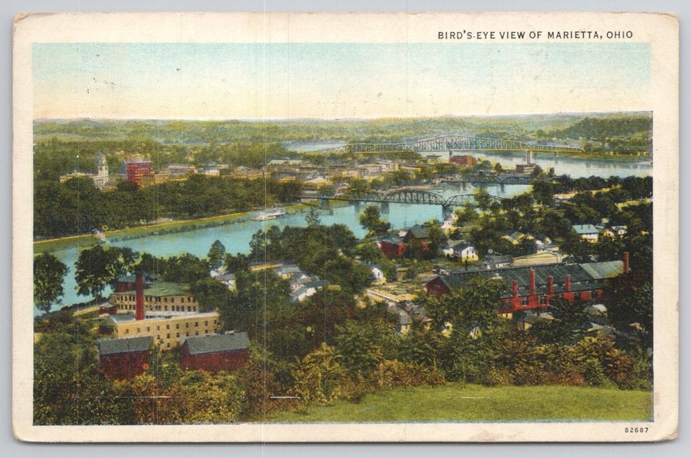 Marietta Ohio Bird's Eye View Steamboat River Bridges Postcard 1910s