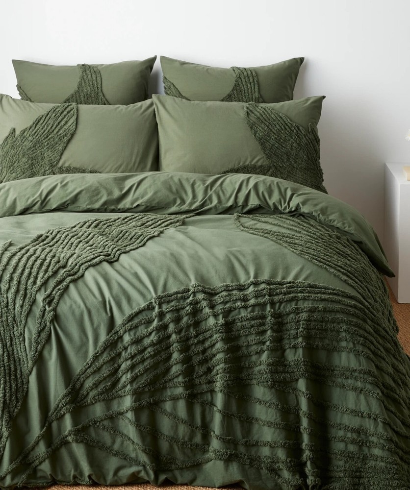 Boho Dark Green Tufted Cotton Duvet Cover Set- Leaf Design