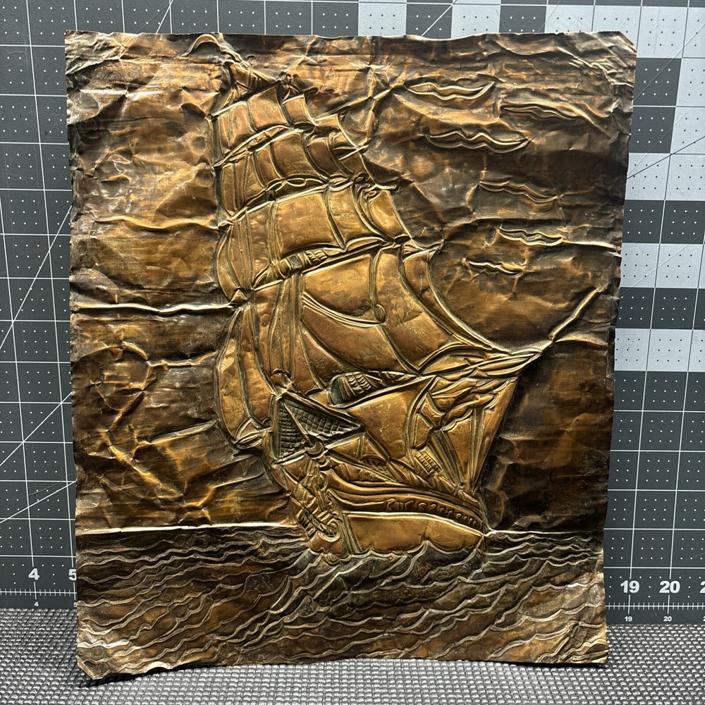 Vintage Hand Tooled Hammered Engraved Etched Detailed Copper Art Sailing Ship