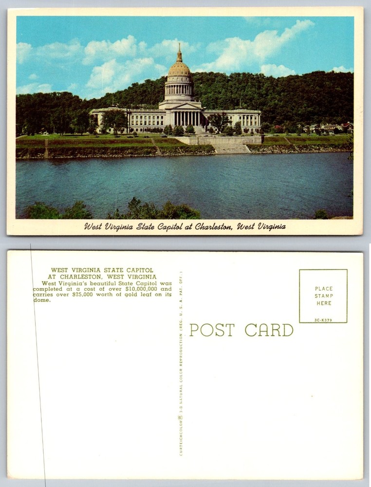 WV State Capitol Charleston Curteichcolor Postcard Gold Dome Kanawha River