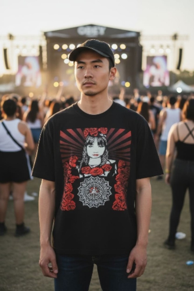 Obey (Brand)  - Asian Flower Girl - Black Shirt - L No Cracking  Graphics