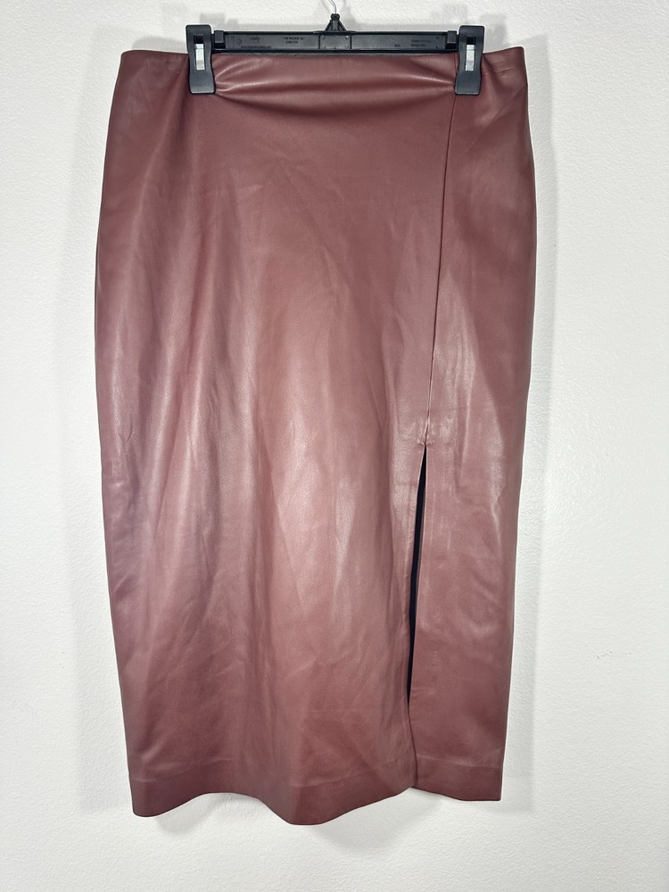 Express Super High Waisted Faux Leather Side Slit Midi Pencil Skirt Brown Size L
