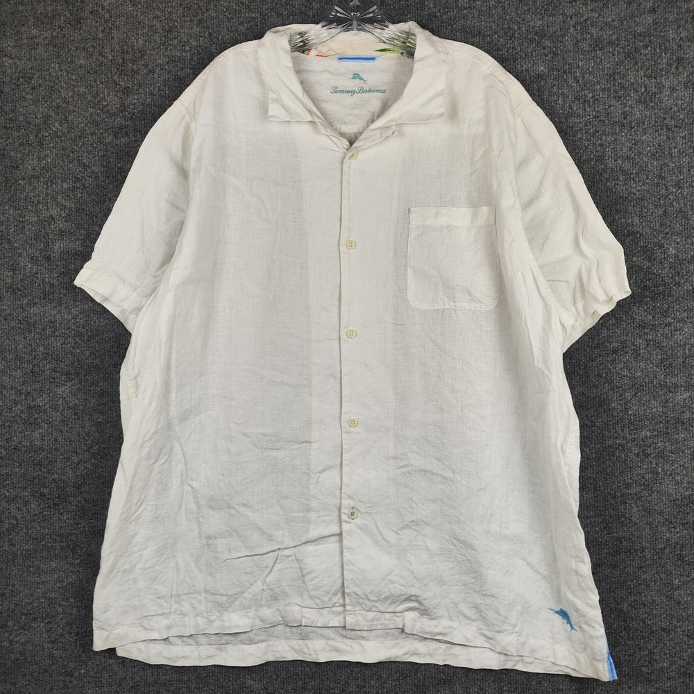 Tommy Bahama Shirt Mens 2XL White Linen Short Sleeve Button Up Spread Collar