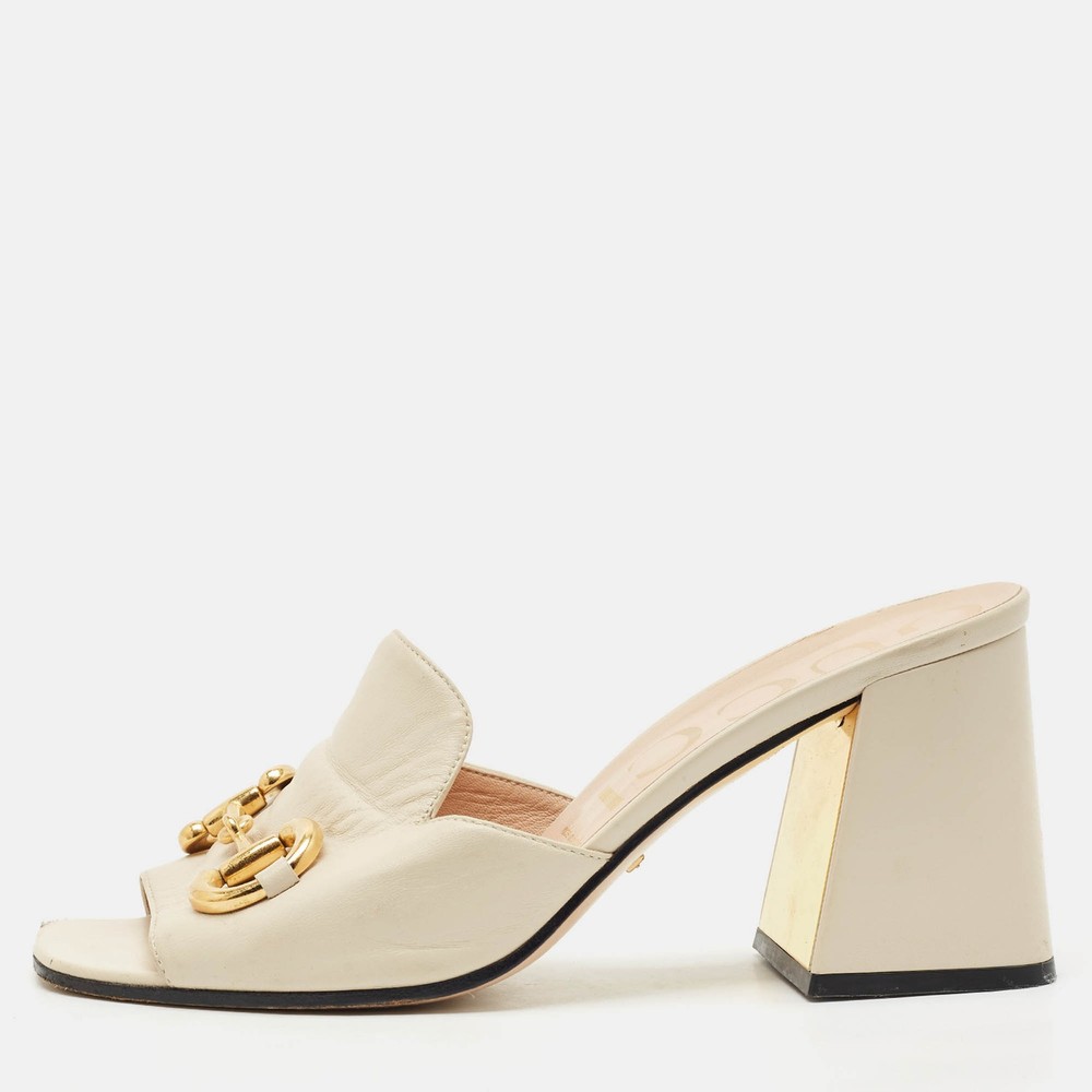 Gucci Off White Leather Horsebit Block Heel Slide Sandals Size 39