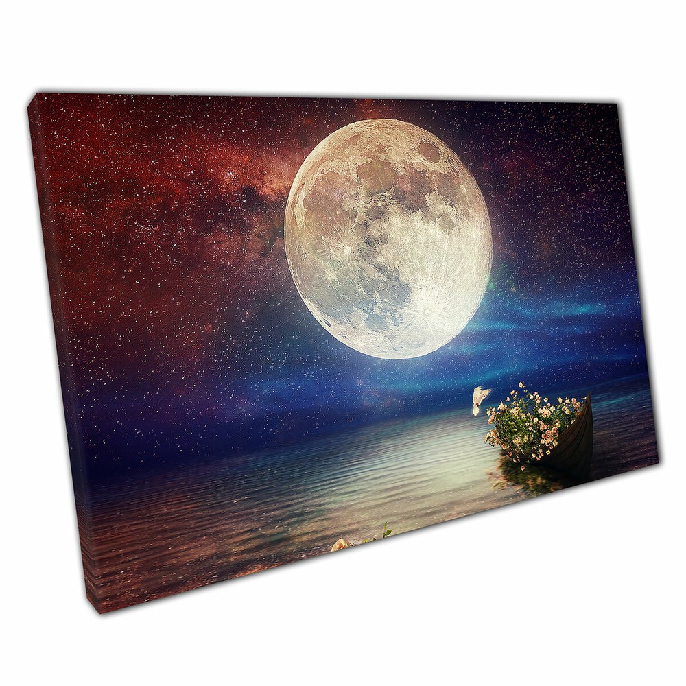 Boat Blooming Flowers Sailing Star Filled Moonlit Fantasy Sea Print Canvas
