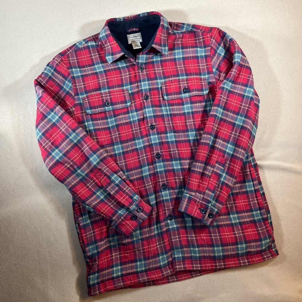 LL Bean Mens Flannel Shirt Medium Red Blue Plaid Shacket Fleece Lined Grunge