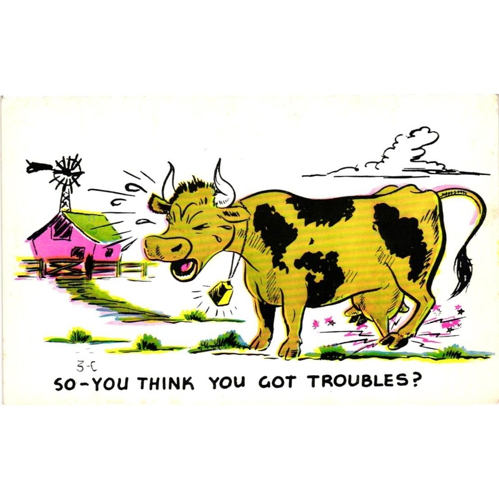Vintage Baxtone Laff Gram Humor Postcard Cow Farm Amarillo Texas Unposted 3-C