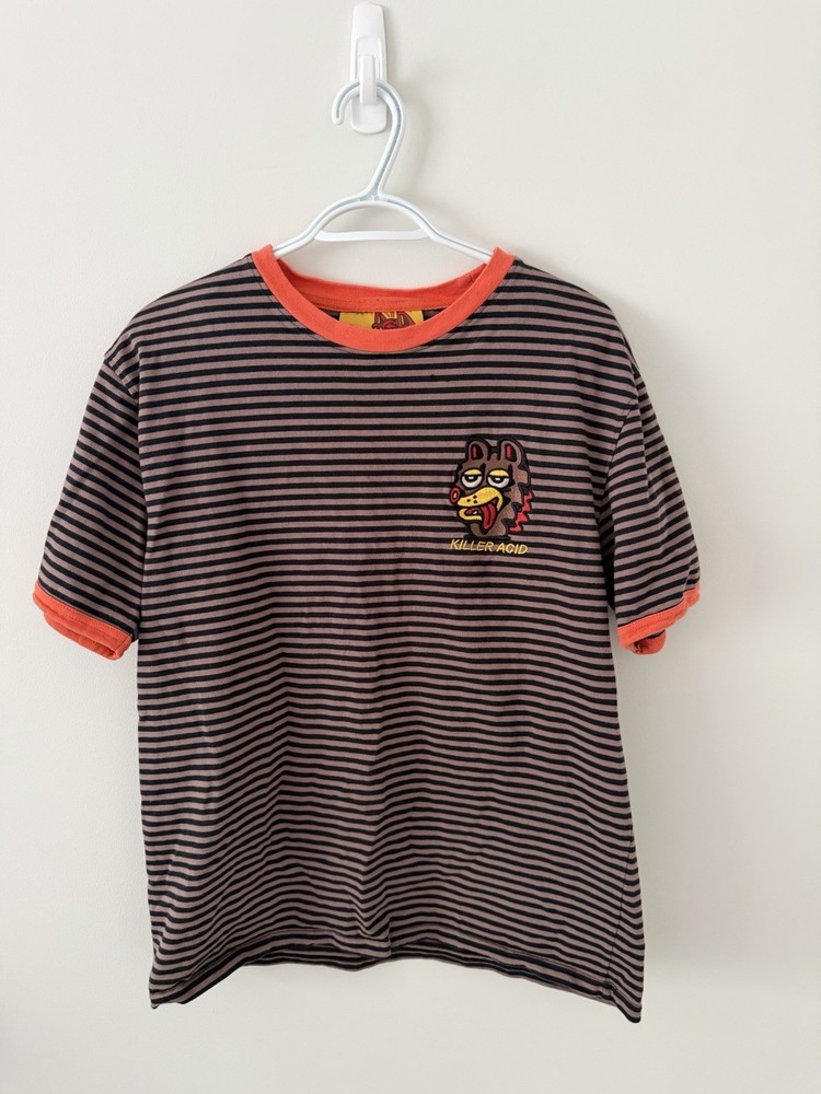 Killer Acid Mens Medium Striped T Shirt Wolf Patch Graphic Pink Black Tee M