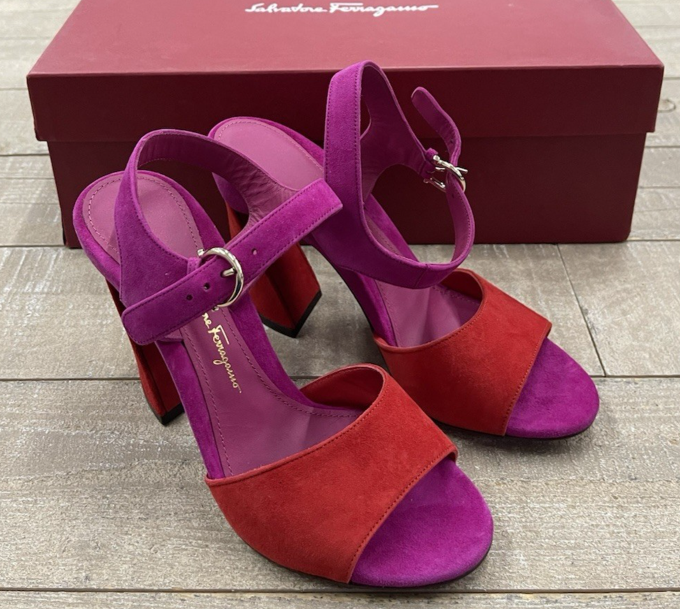 NIB Salvatore Ferragamo Aede Two Tone Suede Heel Sandals  Size: 5
