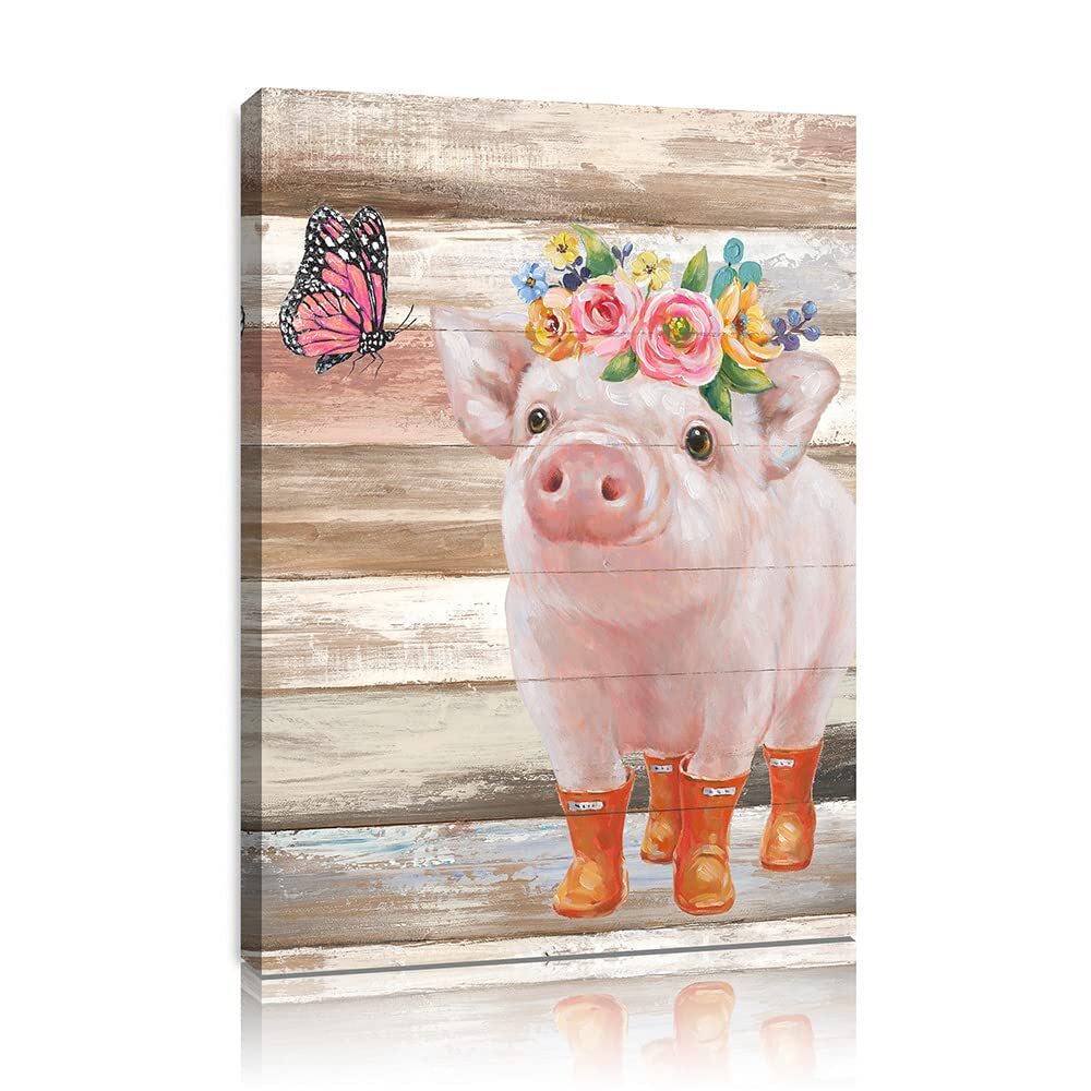 Funny Piggy and Pink Butterfly Pig Pictures Wall Art Farmhouse Wall Decor Far...