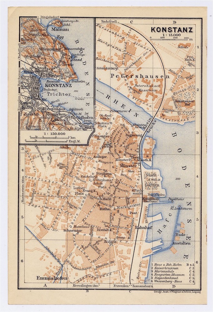 1910 Antique City Map Of Konstanz Constance Lake Bodensee / Germany