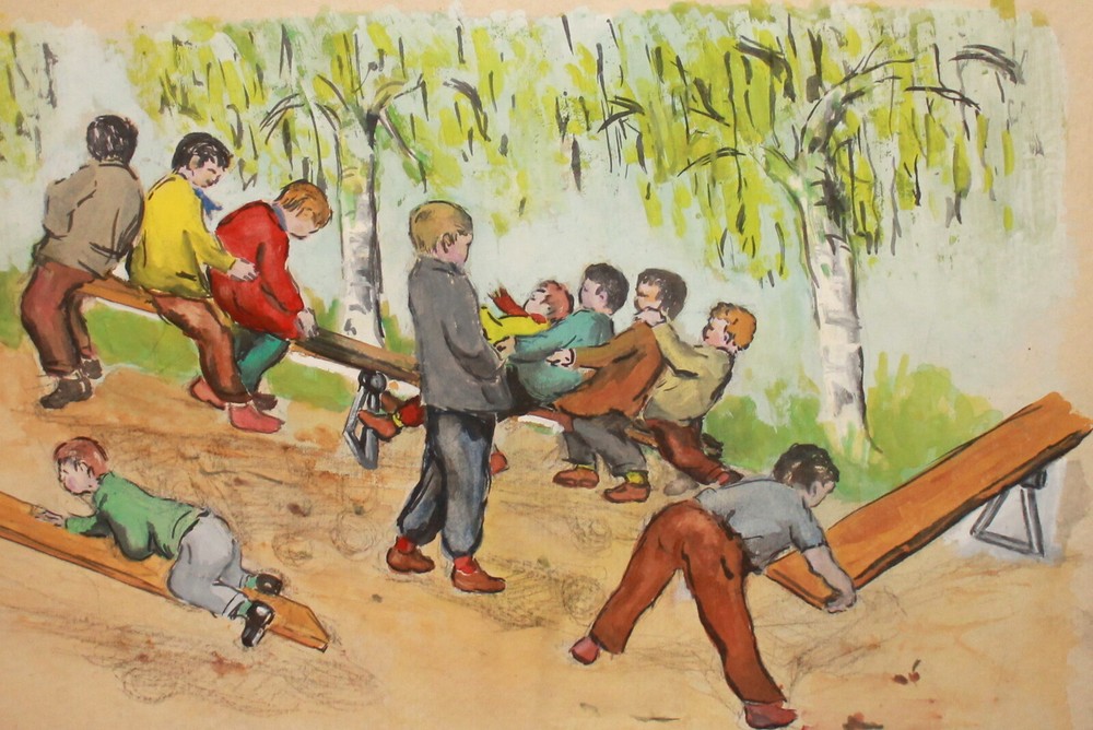 Vintage realist gouache painting landscape childrens playing