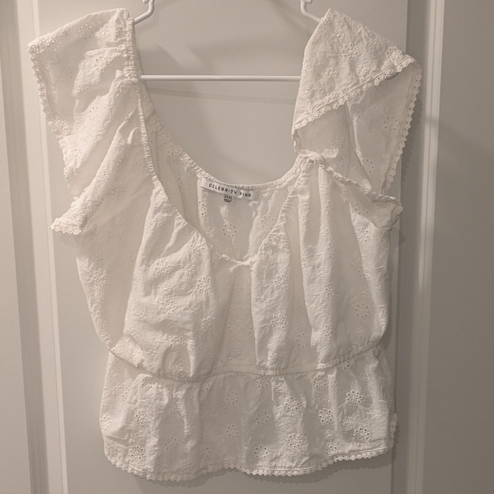 Celebrity Pink Top Womens XXXL Eyelet Crop Top White Ruffle Floral Boho Festival