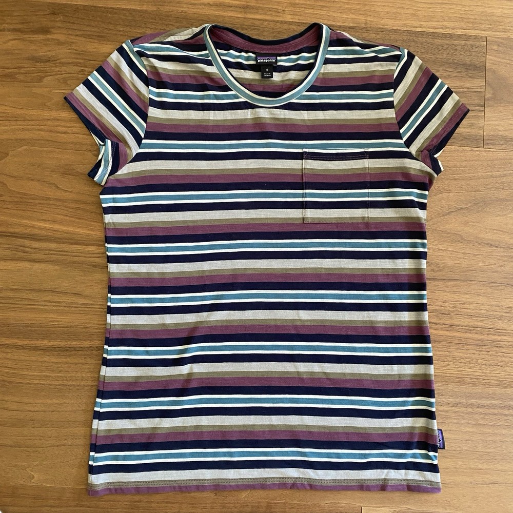 Patagonia Organic Cotton Tee Womens M Striped Pocket T Shirt Outdoors Casual