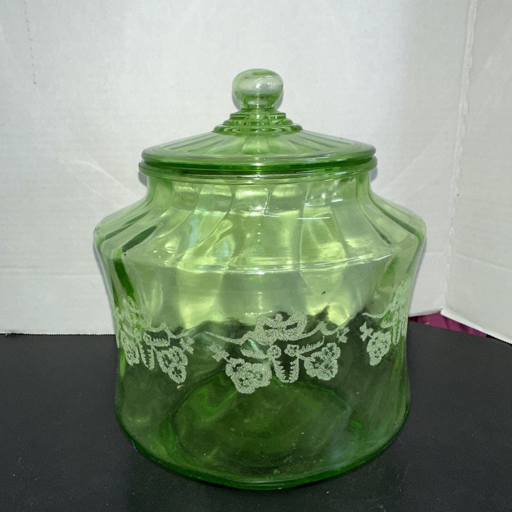 Rare Uranium Etched Glass Cookie Jar W/ Lid