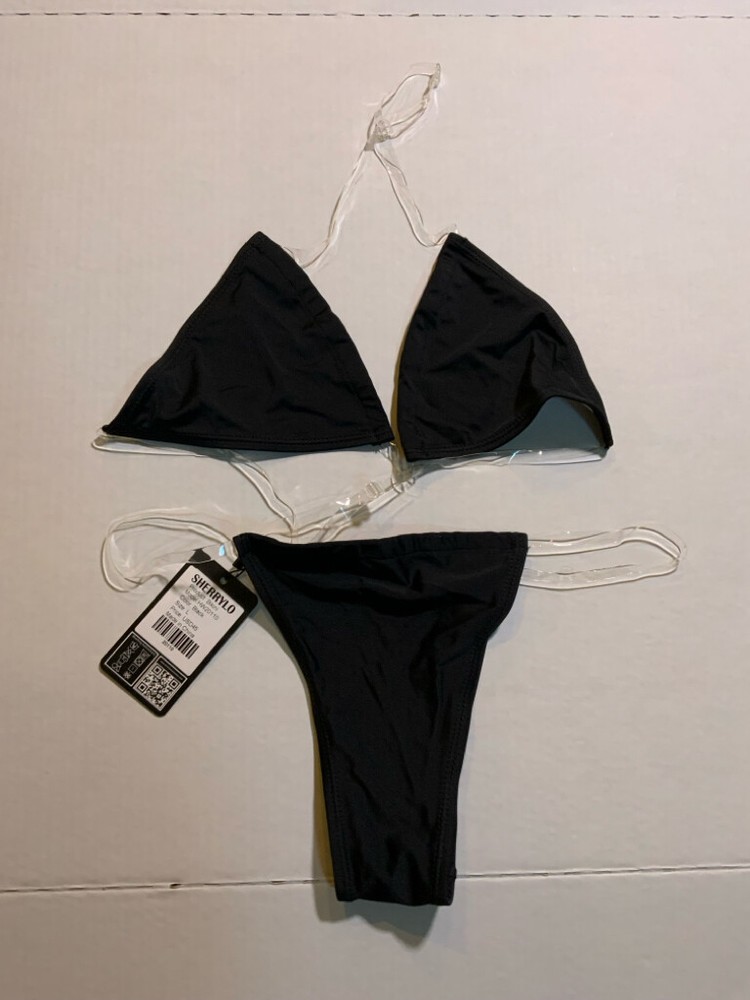 NWT Women’s Large SHERRYLO Black Micro Thong Bikini w/ Invisible Straps (J)