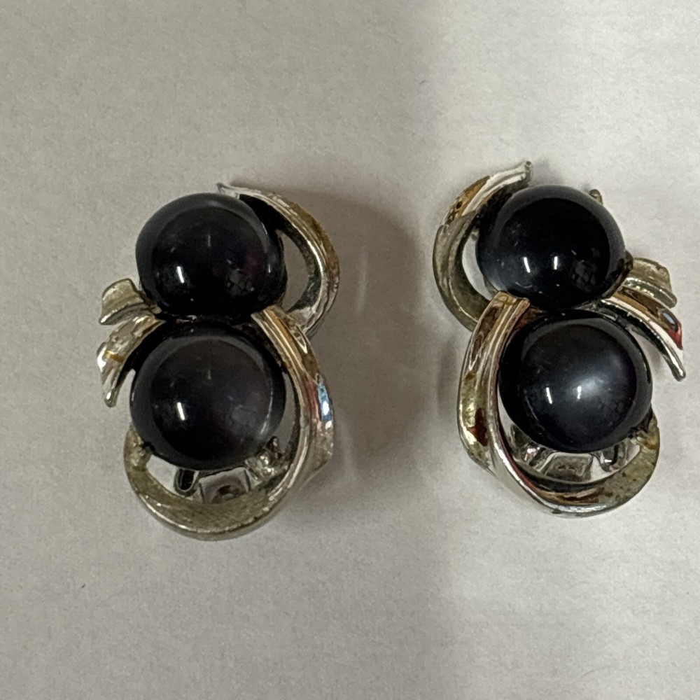 Vintage Coro Earrings grey lucite clip on Silver Tone Signed