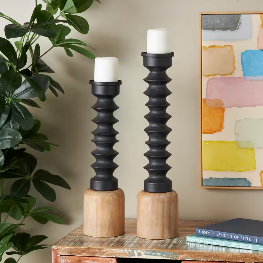 Black Metal Turned Style Candle Holder with Brown Wood Bases (Set of 2)
