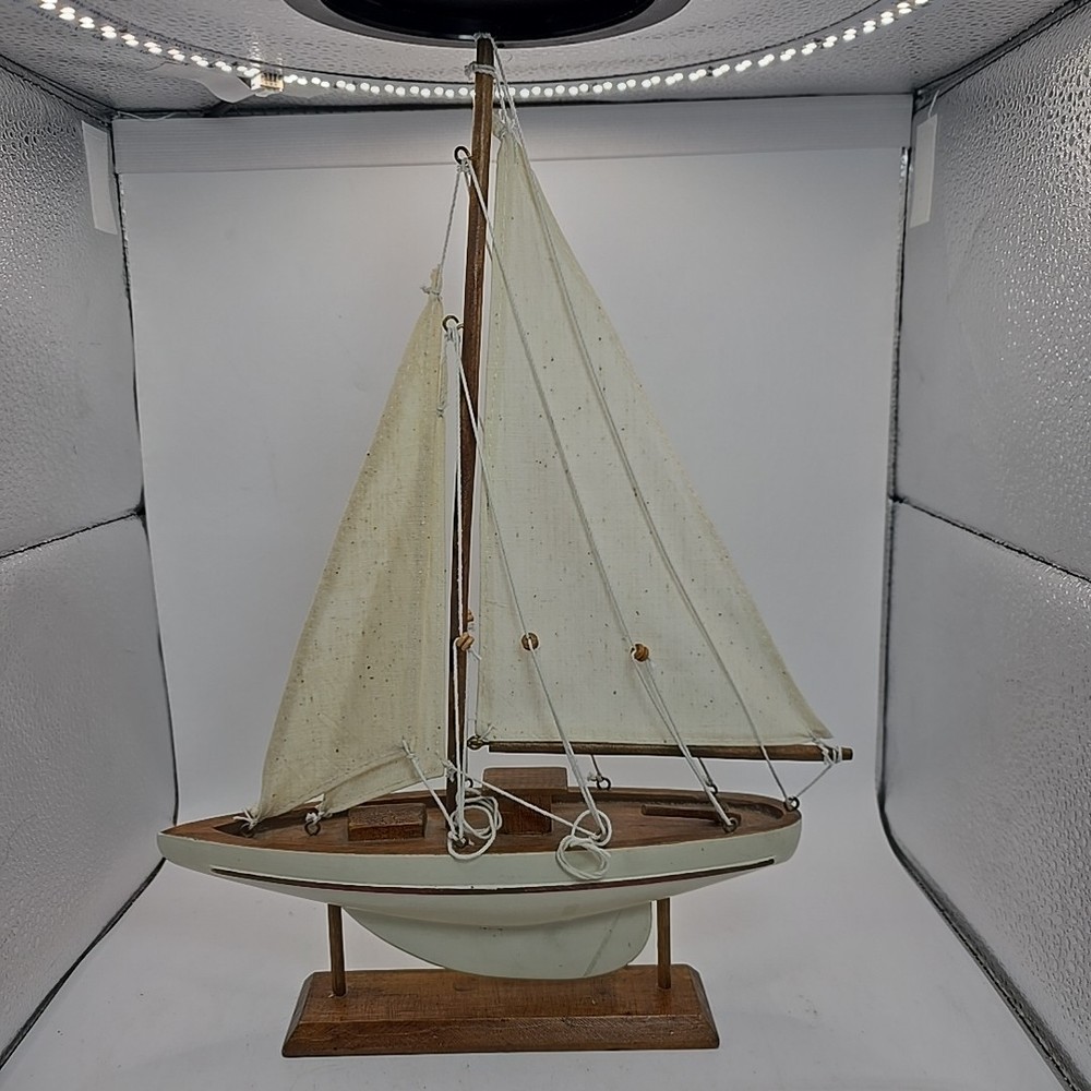 Pre-Built Wooden Nautical Sailboat Model Fabric Sails on Stand 14 × 9.5 In Decor
